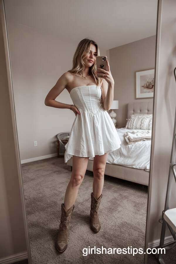 Strapless Mini Dress & Brown Cowboy Boots Look
