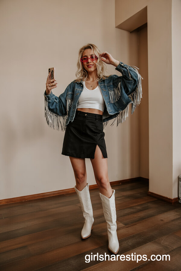 Cropped Fringe Denim Jacket & Mini Skirt Combo