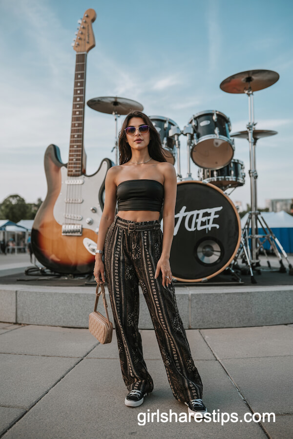 Tube Top & Patterned Pants Festival Look