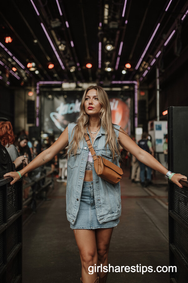 Denim Vest & Mini Skirt with Cowboy Boots