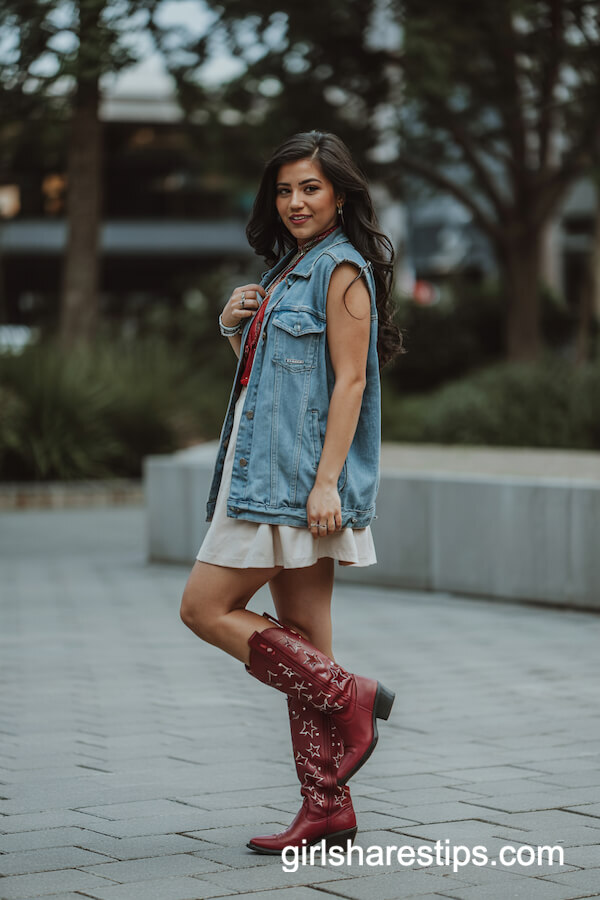 Denim Vest, Red Top & Star Cowboy Boots Look