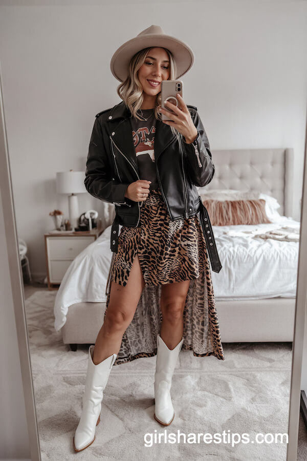 Leather Moto Jacket & Leopard Mini Skirt Style