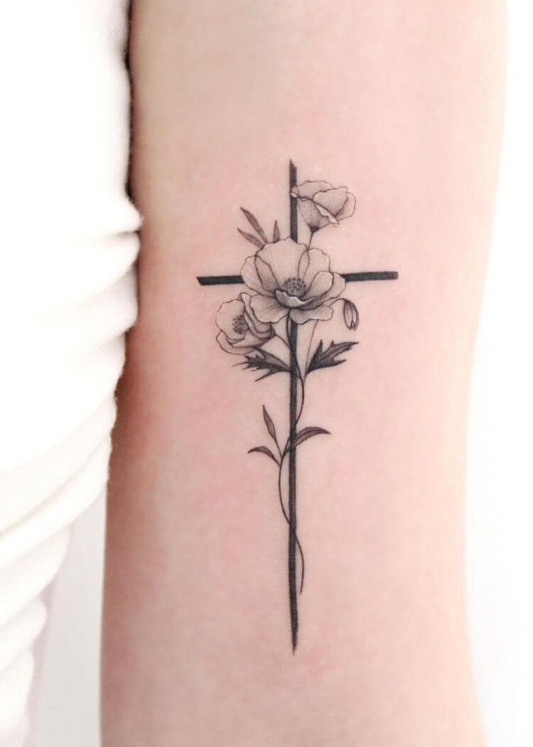 30 Pretty Cross Flower Tattoos to Inspire You in 2023  Tattoos Flower  tattoos Birth flower tattoos