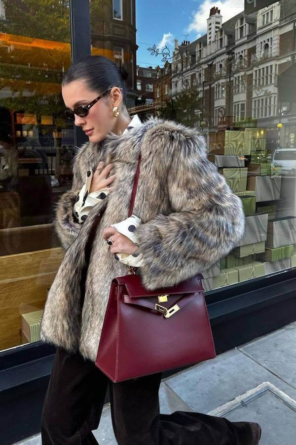 Statement Fur Jacket and Maroon Birkin Mom Aesthetic Outfit