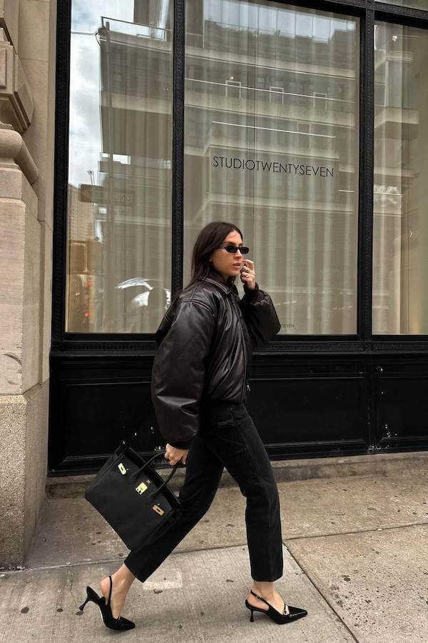 Chic Street Style Birkin Mom Aesthetic Outfit with Black Bag