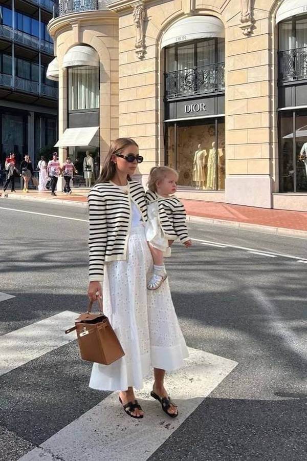 Parisian Stripe Dress Birkin Mom Aesthetic Outfit with Brown Bag