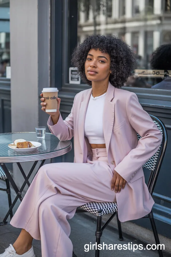 Pastel Pink Blazer and Wide-Leg Trousers Brunch Look