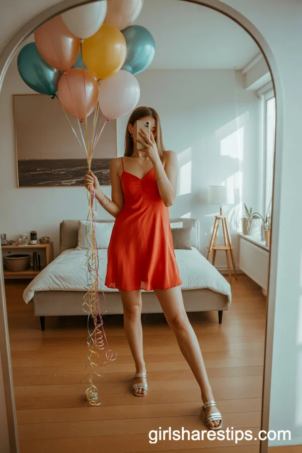 Bright Mini Dress and Sandals With Birthday Balloons