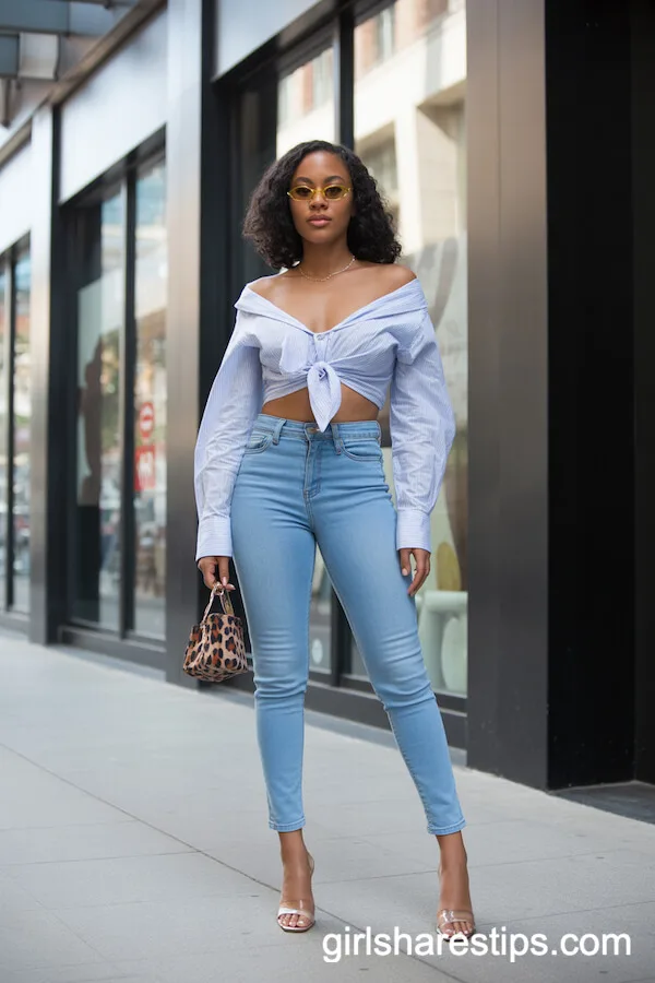 Off-the-Shoulder Blue Shirt Light Blue Skinny Jeans