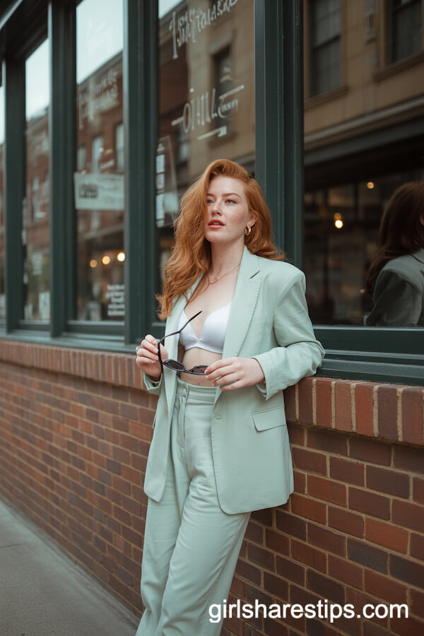 Pastel Mint Tailored Suit White Bralette