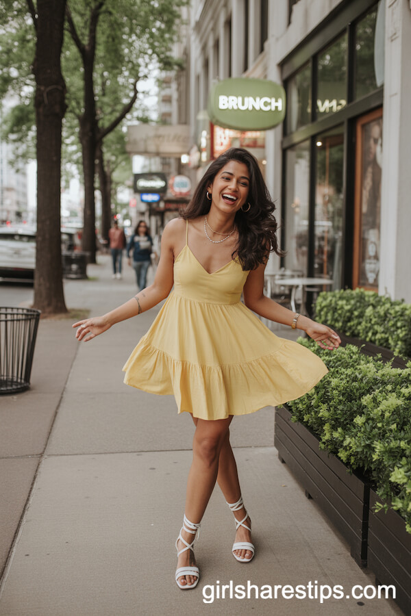Sunshine Yellow Ruffled Mini Dress White Sandals