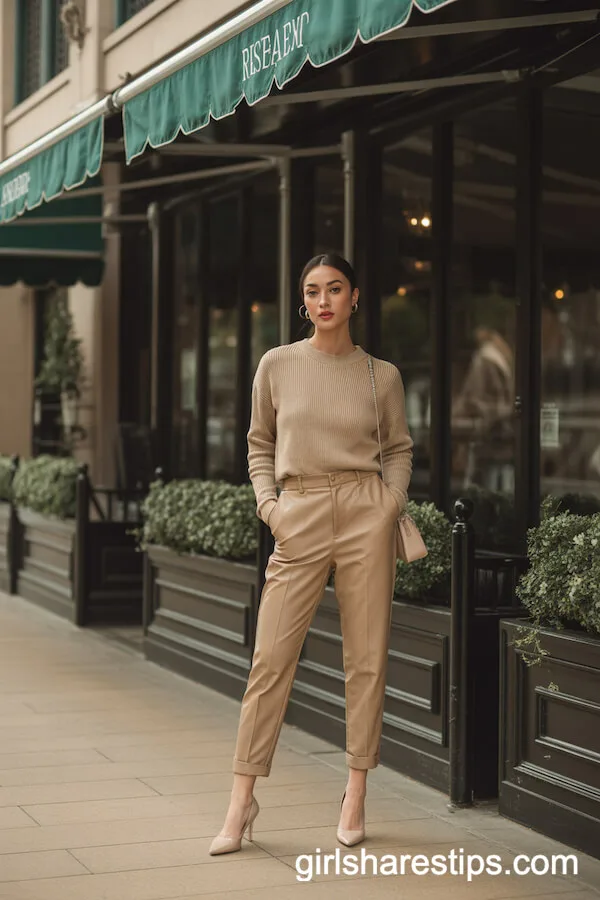 Golden Beige Monochrome Outfit with Fitted Trousers