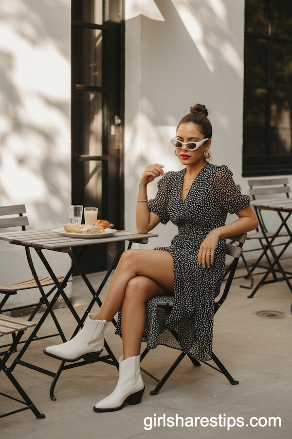 Black and White Polka Dot Midi Dress with Western Boots