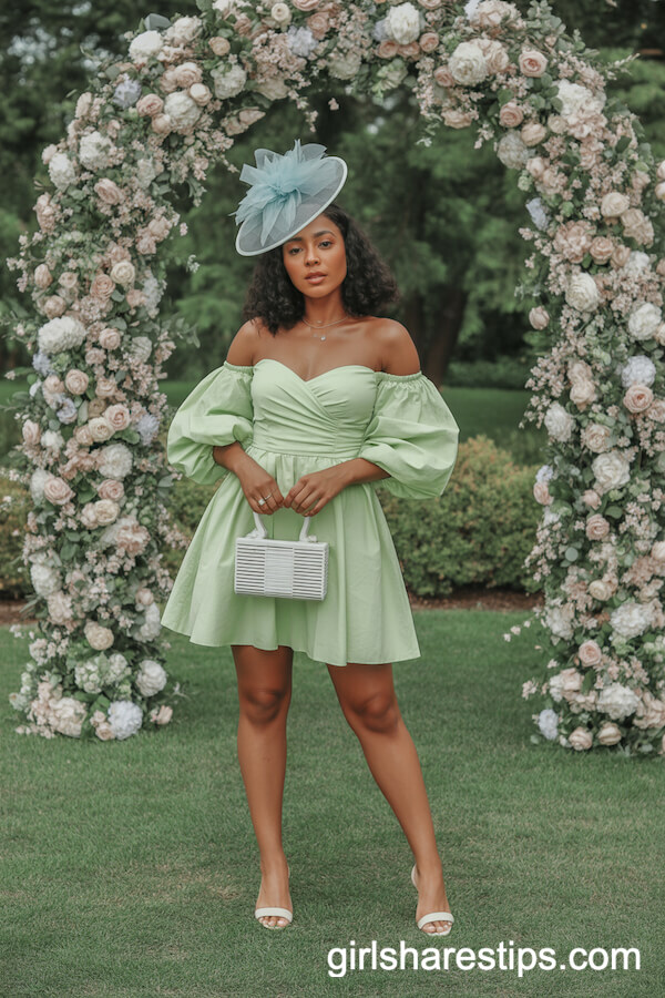 Light Green Off-Shoulder Mini Dress in the Garden