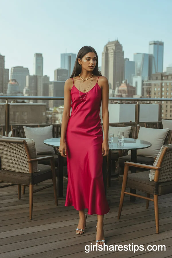 Bold Satin Slip Dress With Layered Necklaces