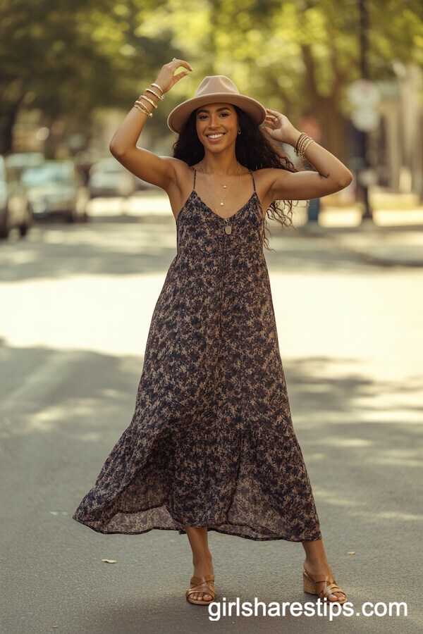 Flowy Boho Maxi Dress and Fedora for Effortless Style