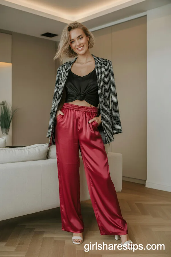 Red Satin Wide Legs and Printed Blazer Power Combo