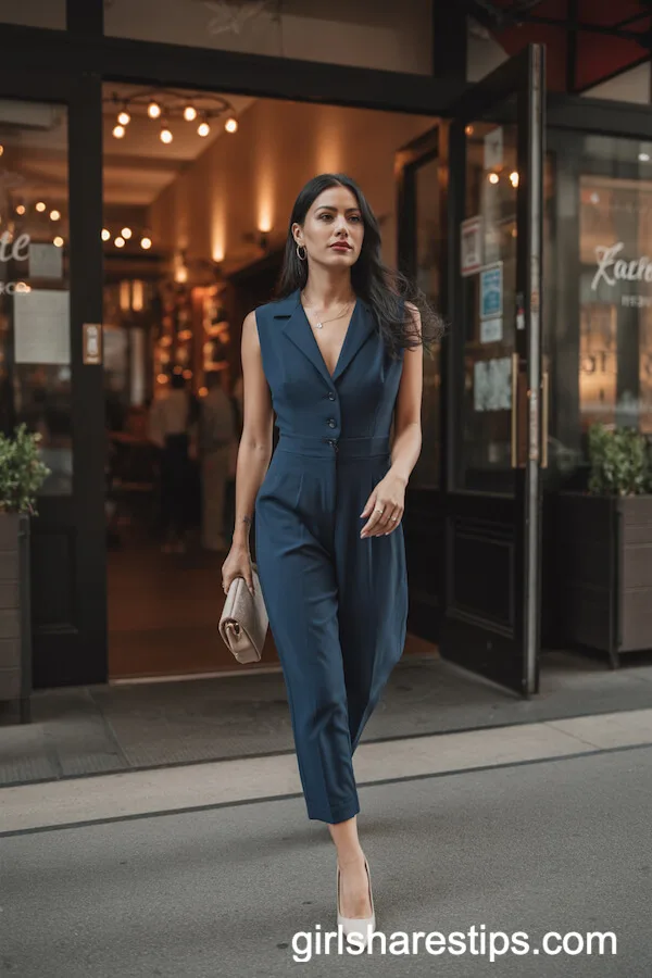 Navy Blue Tailored Jumpsuit with Minimal Accessories