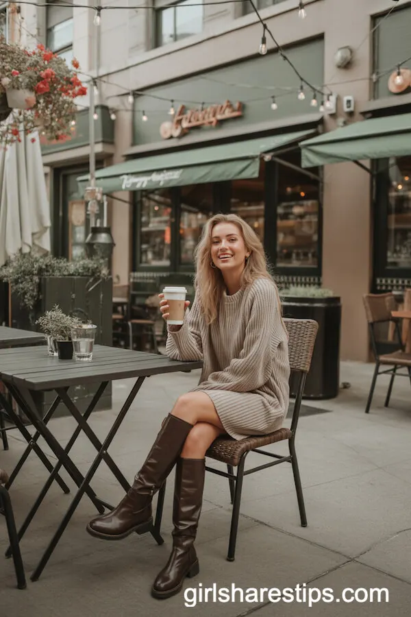 Cozy Knit Sweater Dress Brown Knee-High Boots