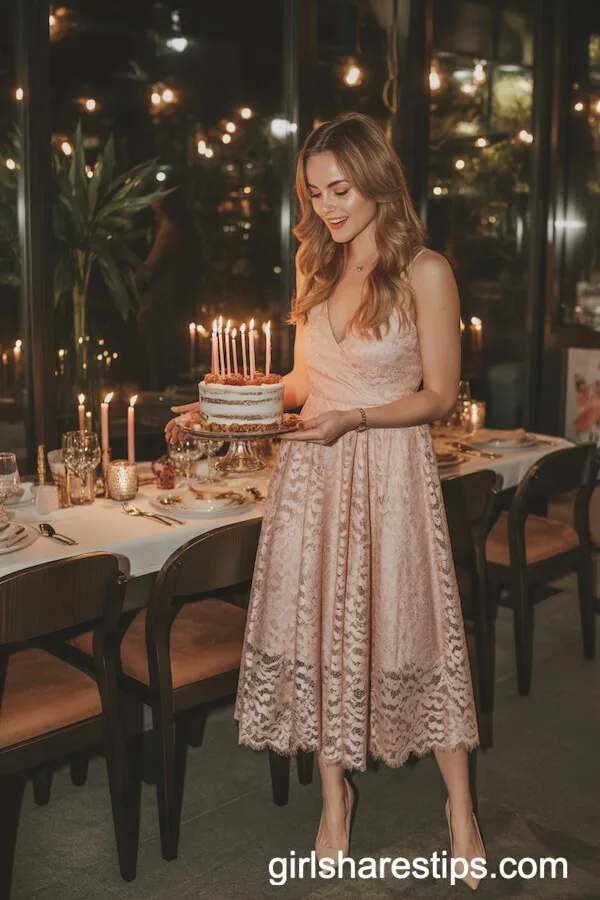 Blush Pink Lace Midi Dress Nude Heels