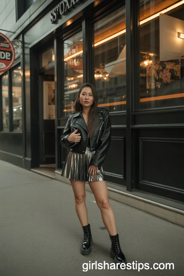 Black Leather Moto Jacket with Metallic Mini Skirt