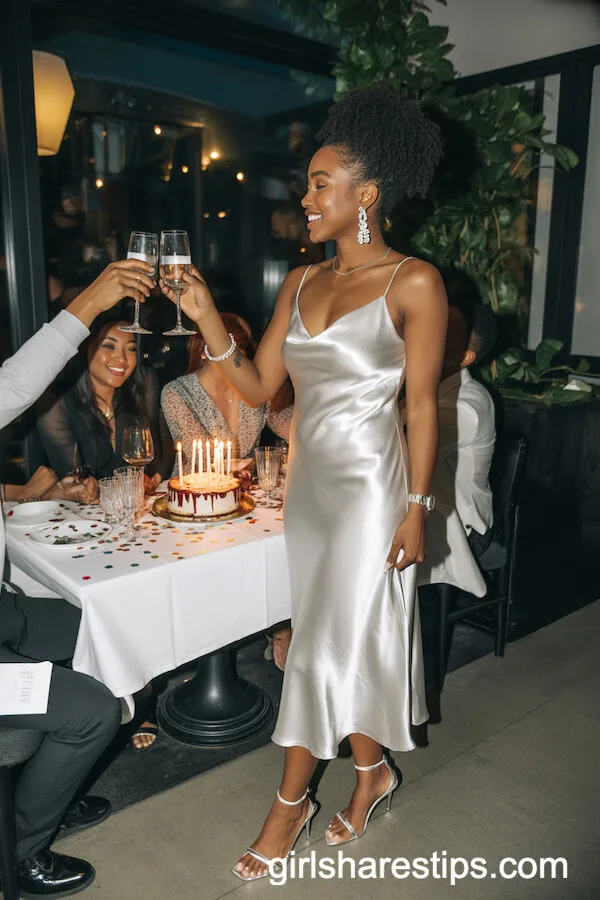 Shimmering Silver Satin Slip Dress with Crystal Accessories