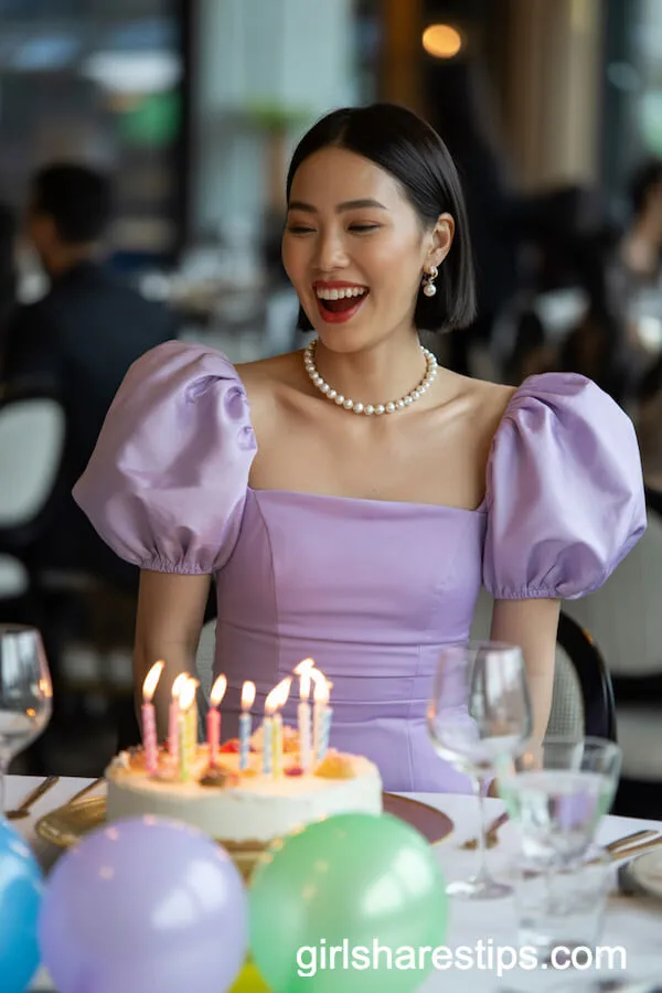 Lilac Puff-Sleeve Cocktail Dress with Pearl Jewelry