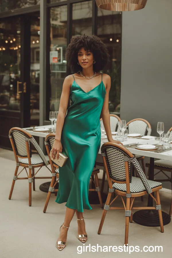 Emerald Green Satin Slip Dress with Gold Statement Jewelry
