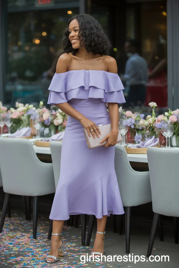 Lavender Off-Shoulder Ruffle Midi Dress with Silver Heels