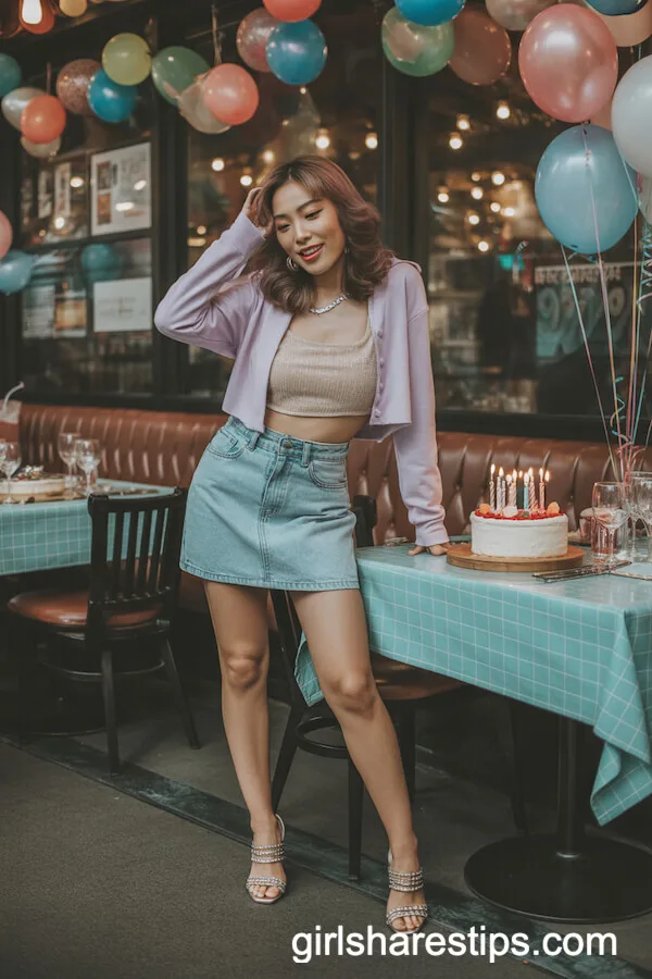 Y2K-Inspired Denim Mini Skirt and Pastel Cardigan Ensemble