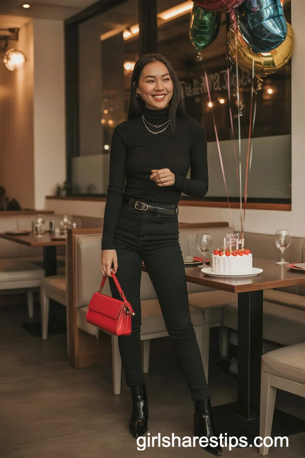 All-Black Outfit with Fitted Turtleneck and High-Waist Pants