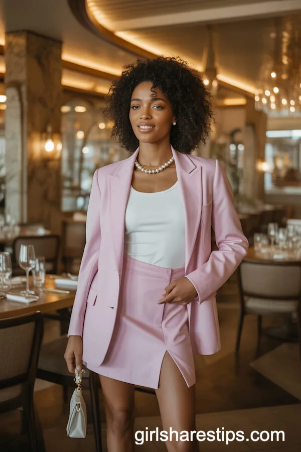 Pastel Skirt Suit with Pearl Accessories