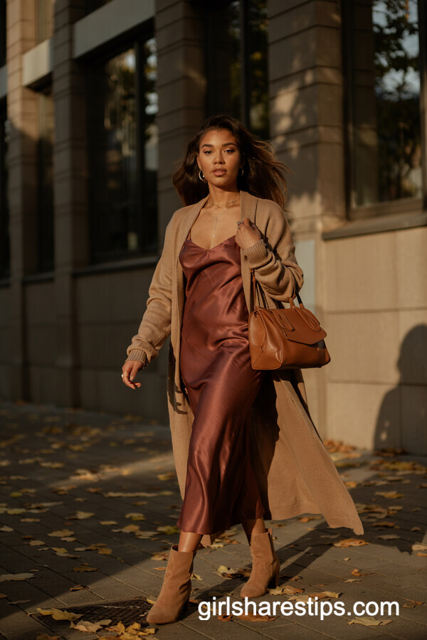 Oatmeal Cardigan Over Burgundy Satin Slip Dress
