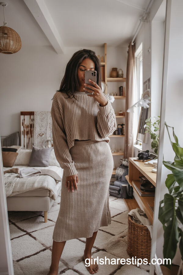 Beige Knit Sweater and Midi Skirt Set
