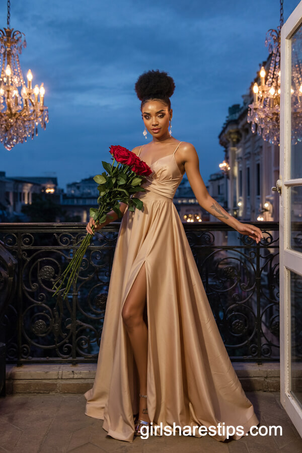 Flowing Gold Satin Gown with High Slit