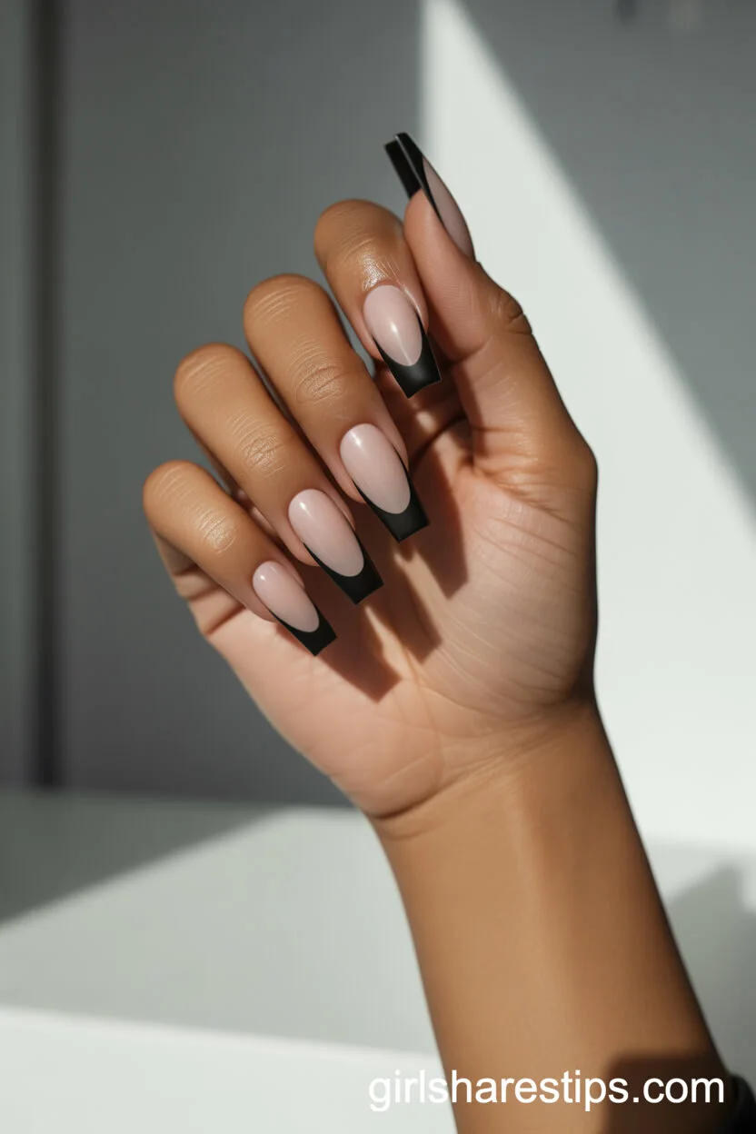 Matte Black Coffin French Tips on Long Nails