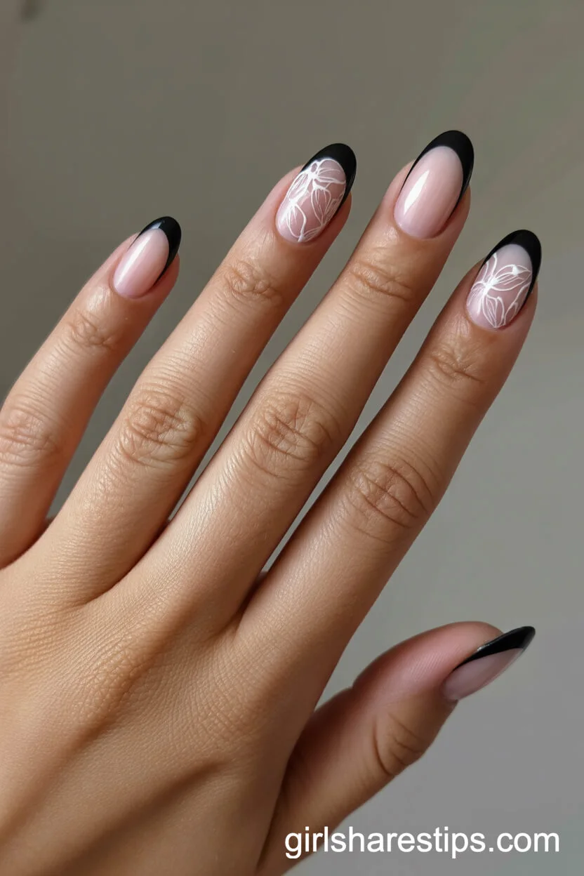 Black French Tips with Floral Accent Nail