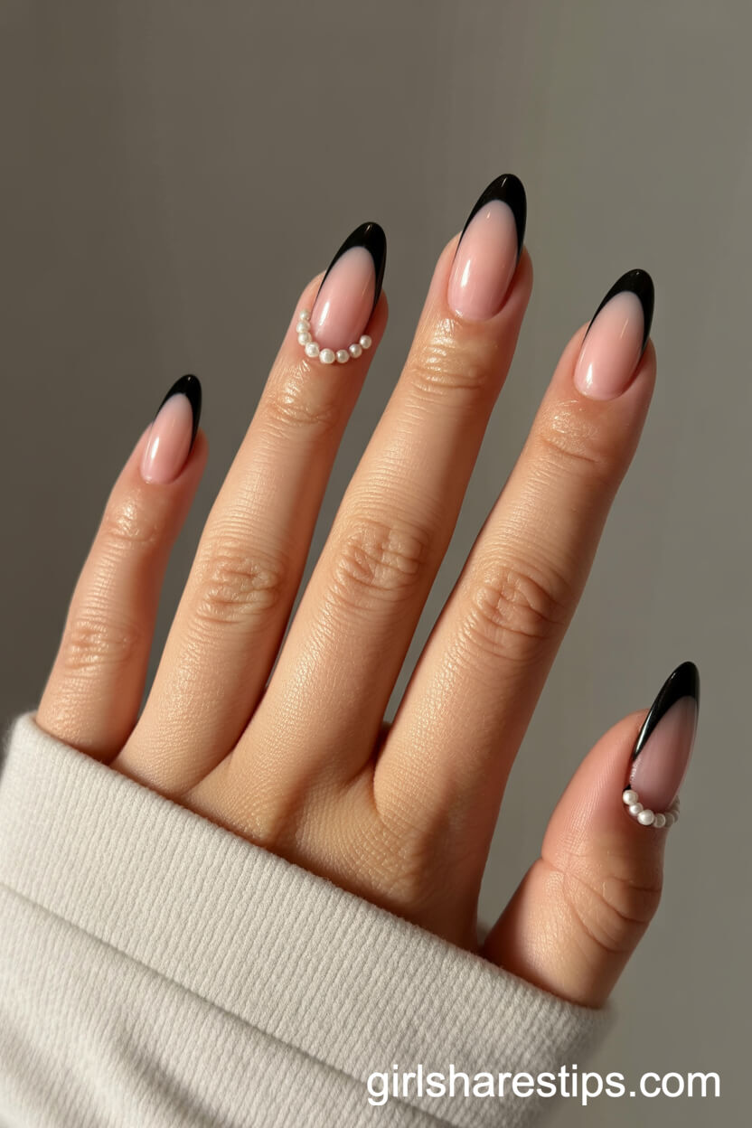 Almond Nails with Glossy Black French and Pearl Beads