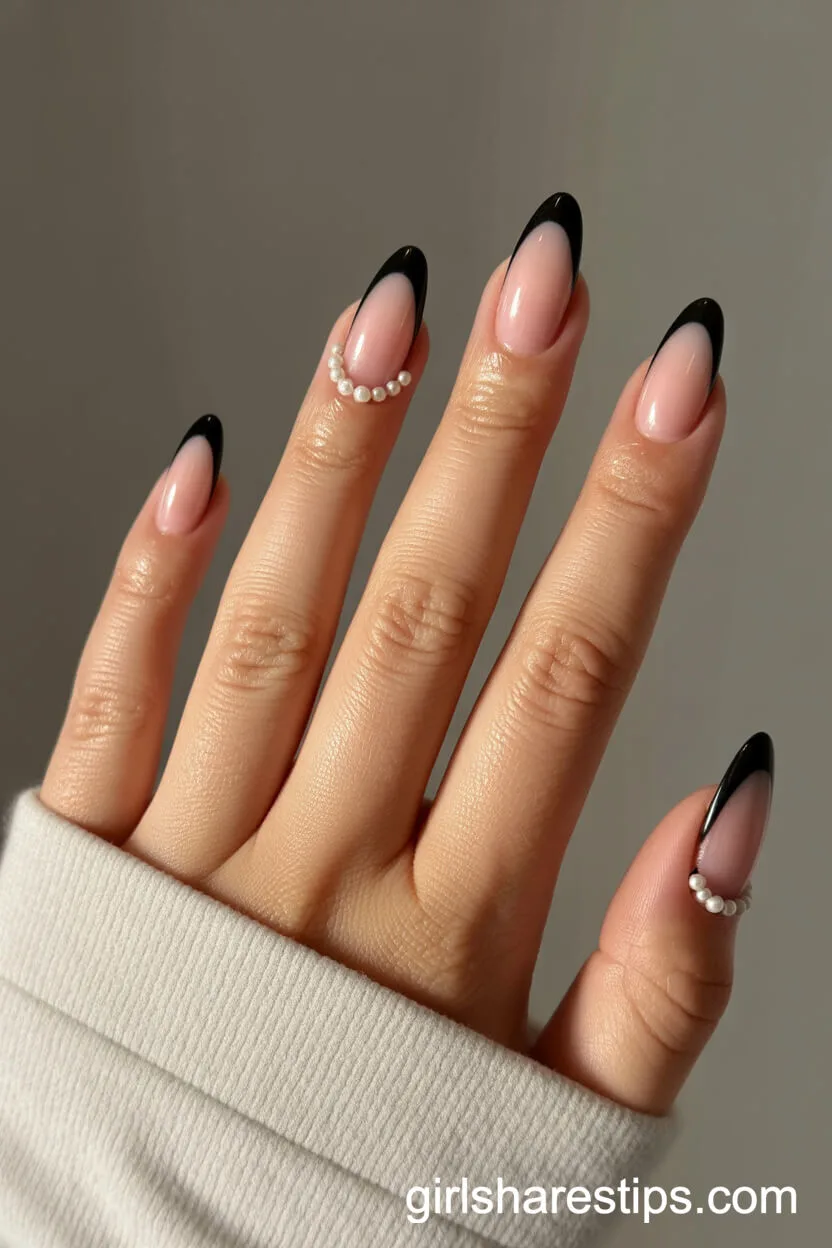 Almond Nails with Glossy Black French and Pearl Beads