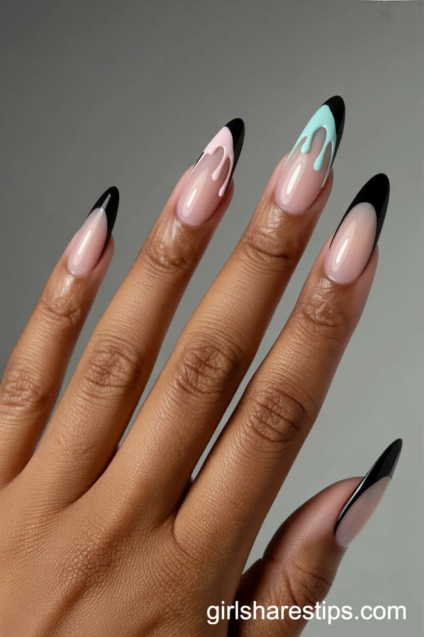 Stiletto Black French Tips with Pastel Drip Effect