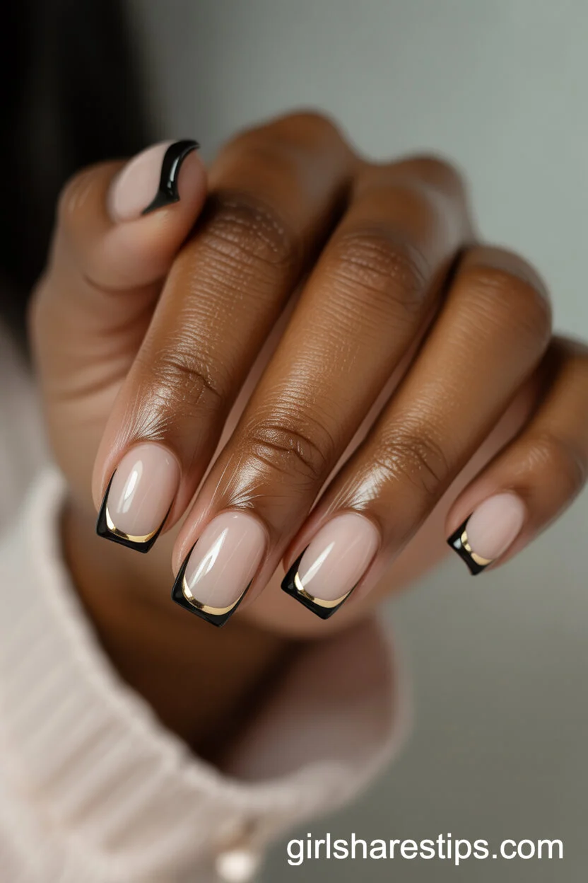 Square Black French Tips with Gold Striping