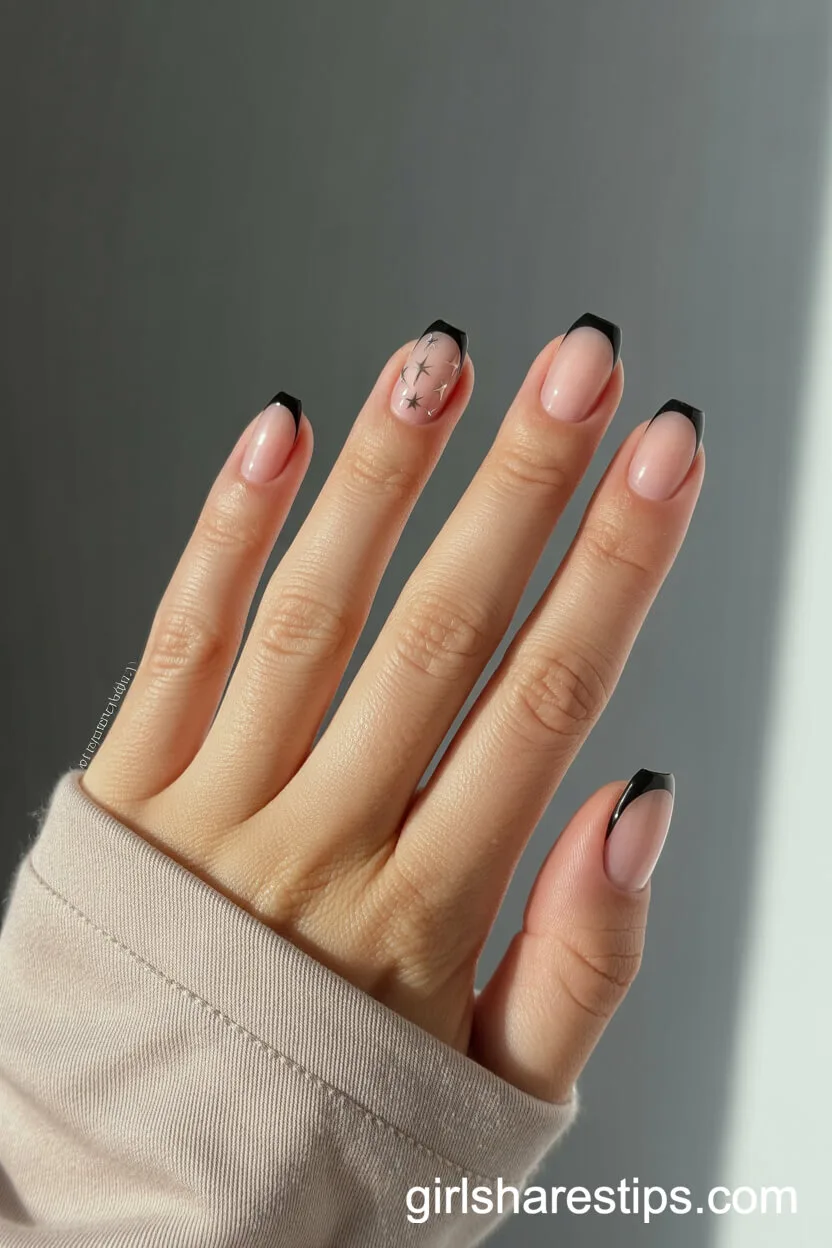 Micro Thin French Tips with Silver Star Accents