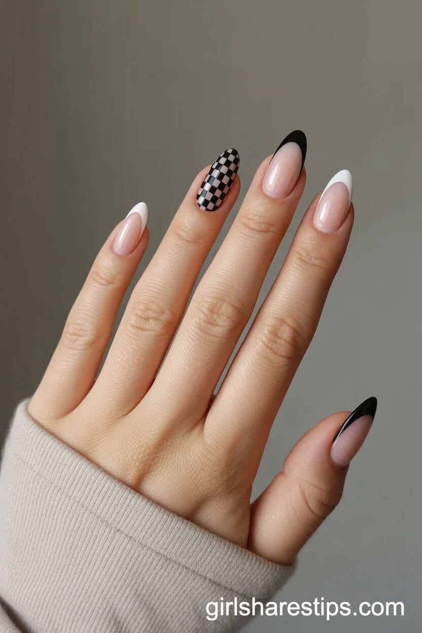 Black French Tips with Checkerboard Accent Nail