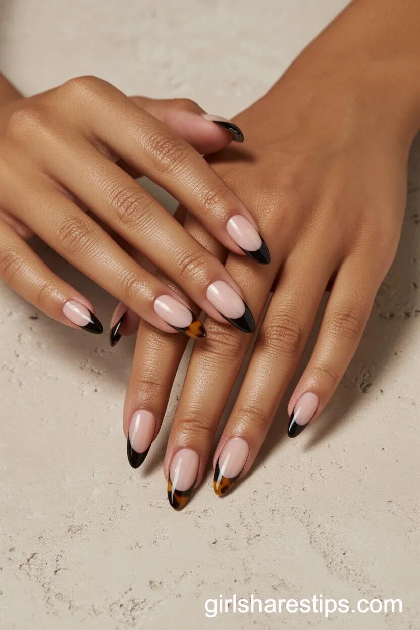 Black and Tortoiseshell French Tips on Almond Nails