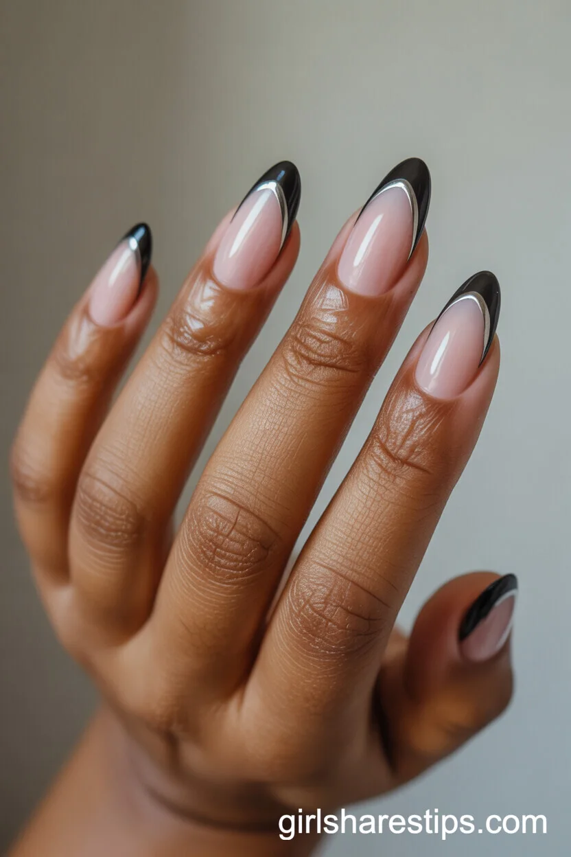 Chevron Black French Tips Outlined in Metallic Silver