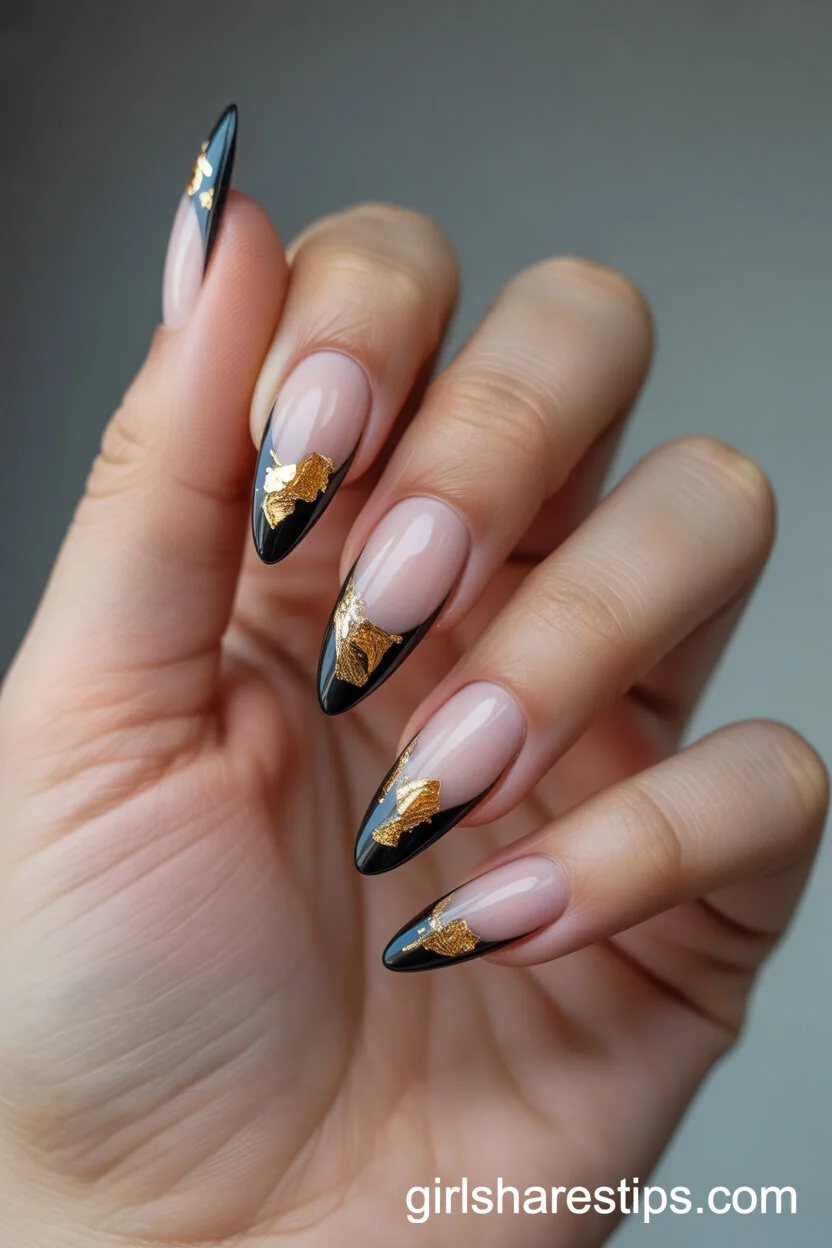 Black French Tips with Embedded Gold Foil Flakes