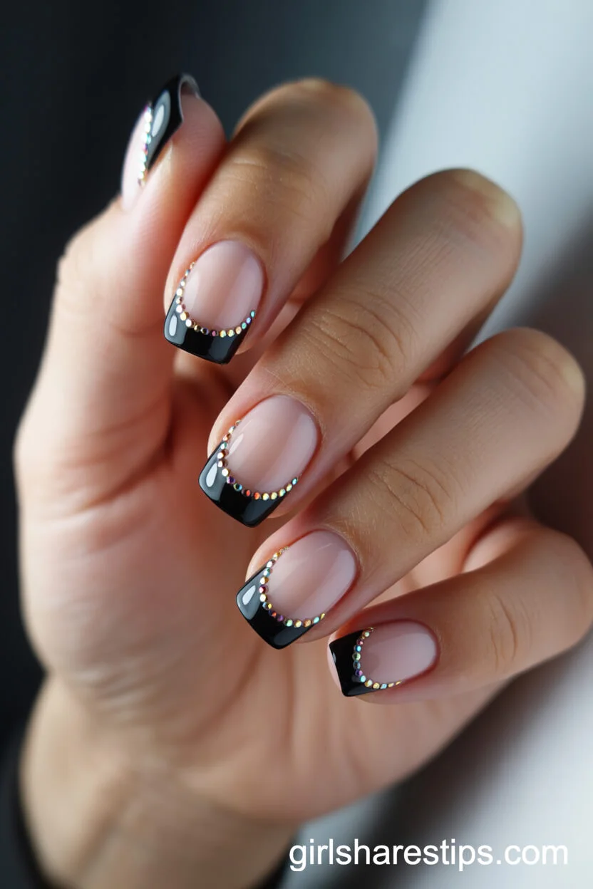 Black French Tips with Rainbow Rhinestone Divider