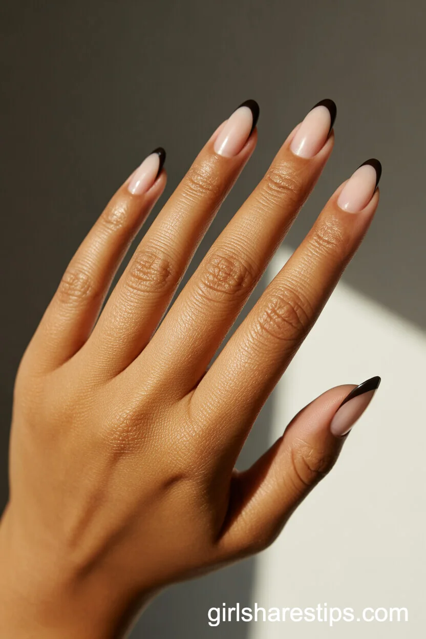 Curved Black French Tips on Medium Oval Nails
