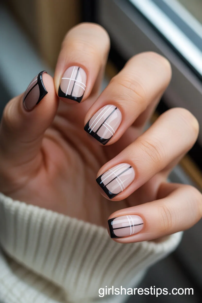 Double-Lined Black French Tips with White Graphics