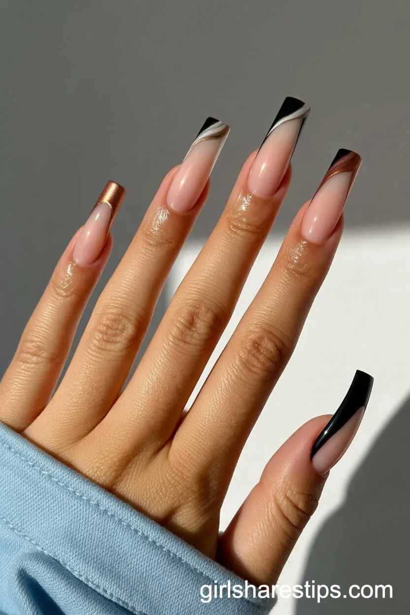 Twisted Black French Tips with Metallic Swirl Accents